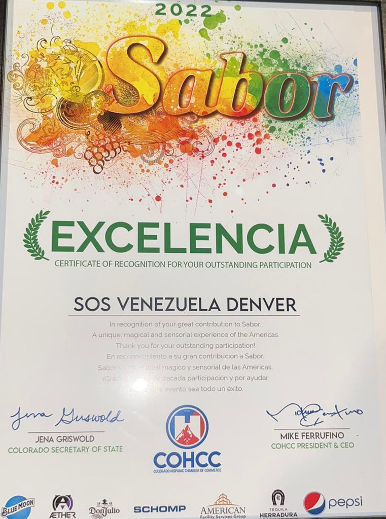 SOS Venezuela -Denver recibe reconocimiento Sabor 2022 de la Camara de Comercio Hispana de Colorado